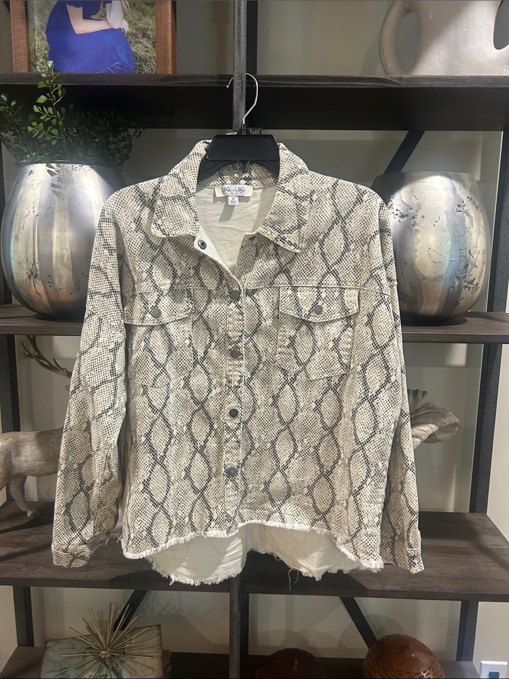 She & Sky small Snake-Print Button-Front Jacket in Beige